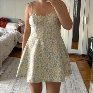 Windsor Yellow, Green, and Beige floral corset dress